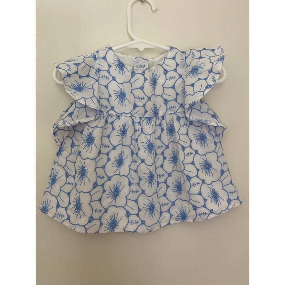 Janie and Jack White Blue Embroidered Floral Flutter Ruffle Top 6-12 Month Girl